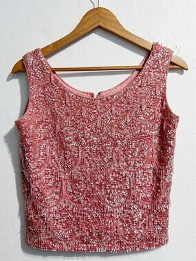 VTG Forecast Sweater Tank Sz 10 Beaded Sequins Wool Rayon Fringe Pink Slvless